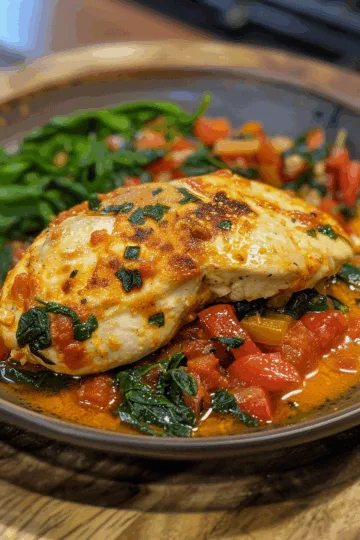 spinach stuffed chicken breast with Roasted Bell Peppers taken with iphone 15 pro max --iw 2 --ar 4:5 --v 6.0 --raw