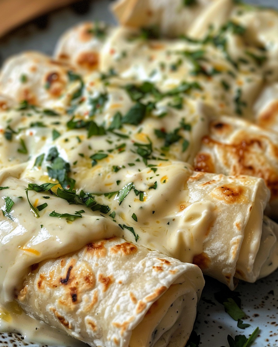 Tortilla enchiladas topped with Alfredo sauce and cheese