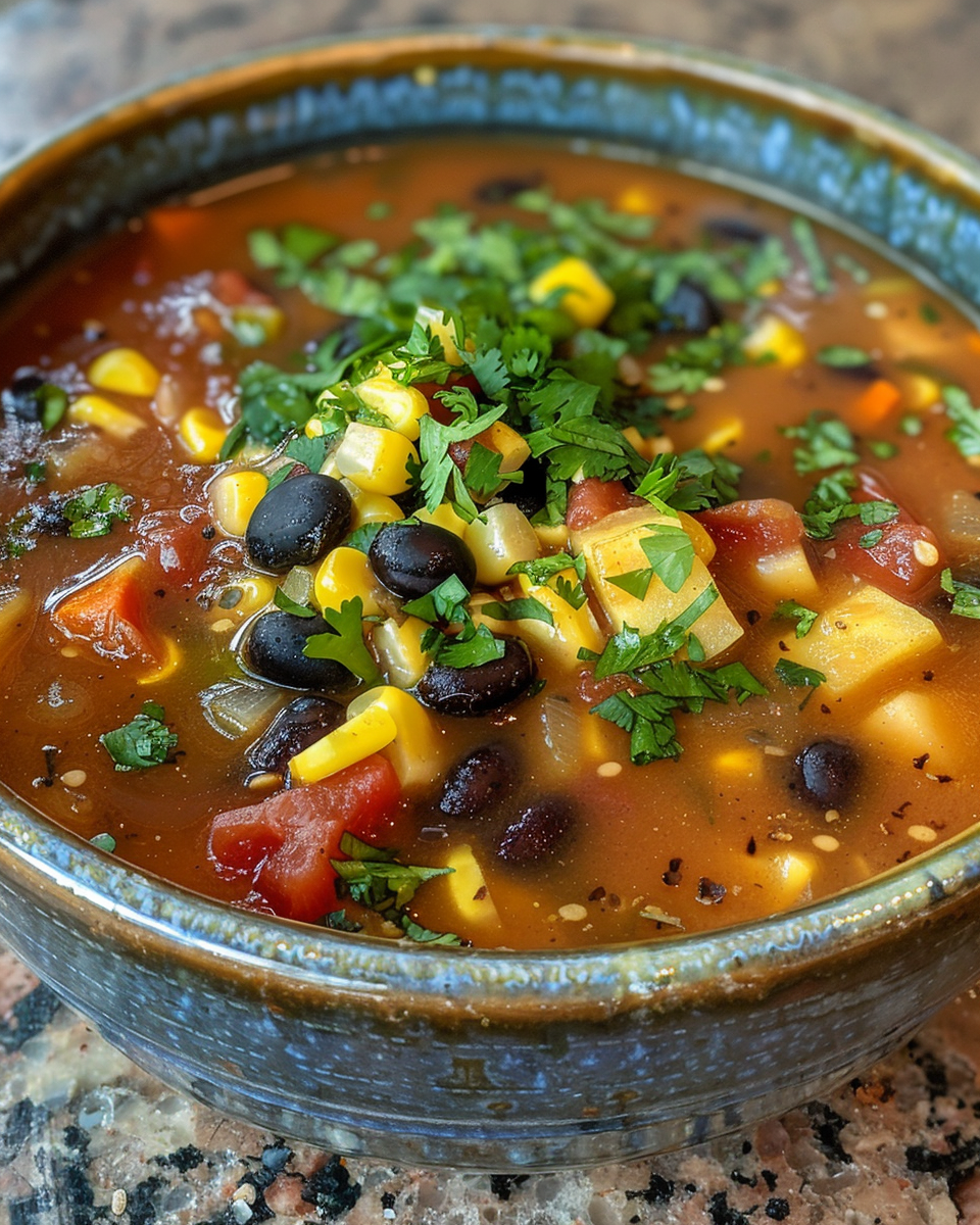 Finished vegan taco soup ready to serve in bowl