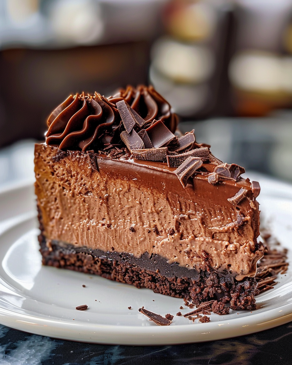 Close up of a slice of cheesecake showing texture and chocolate crunch