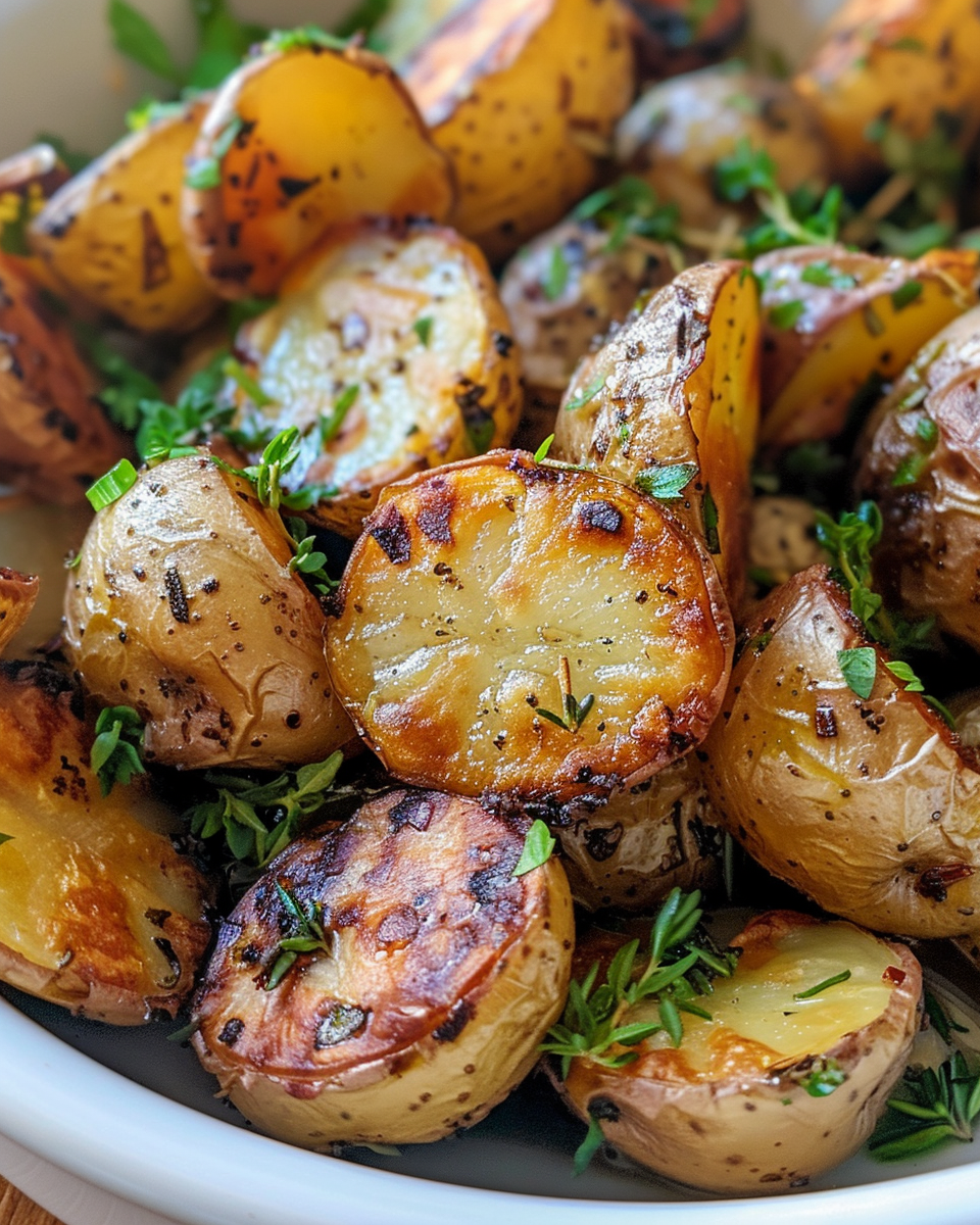 Ingredients of baby potatoes tossed with olive oil and herbs in bowl ready for air fryer
