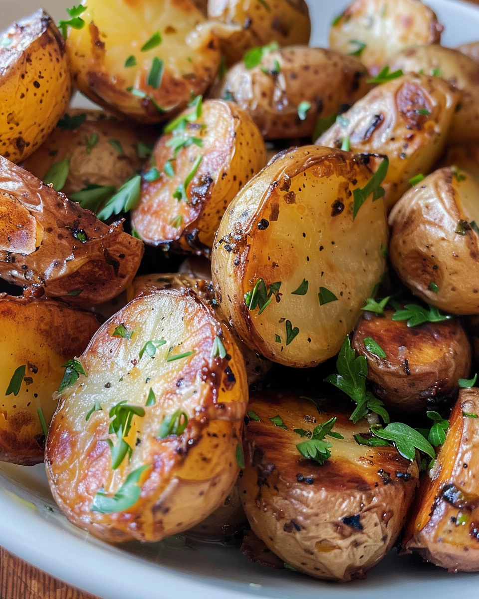 Final crispy and golden air fryer baby potatoes served on plate with parsley garnish