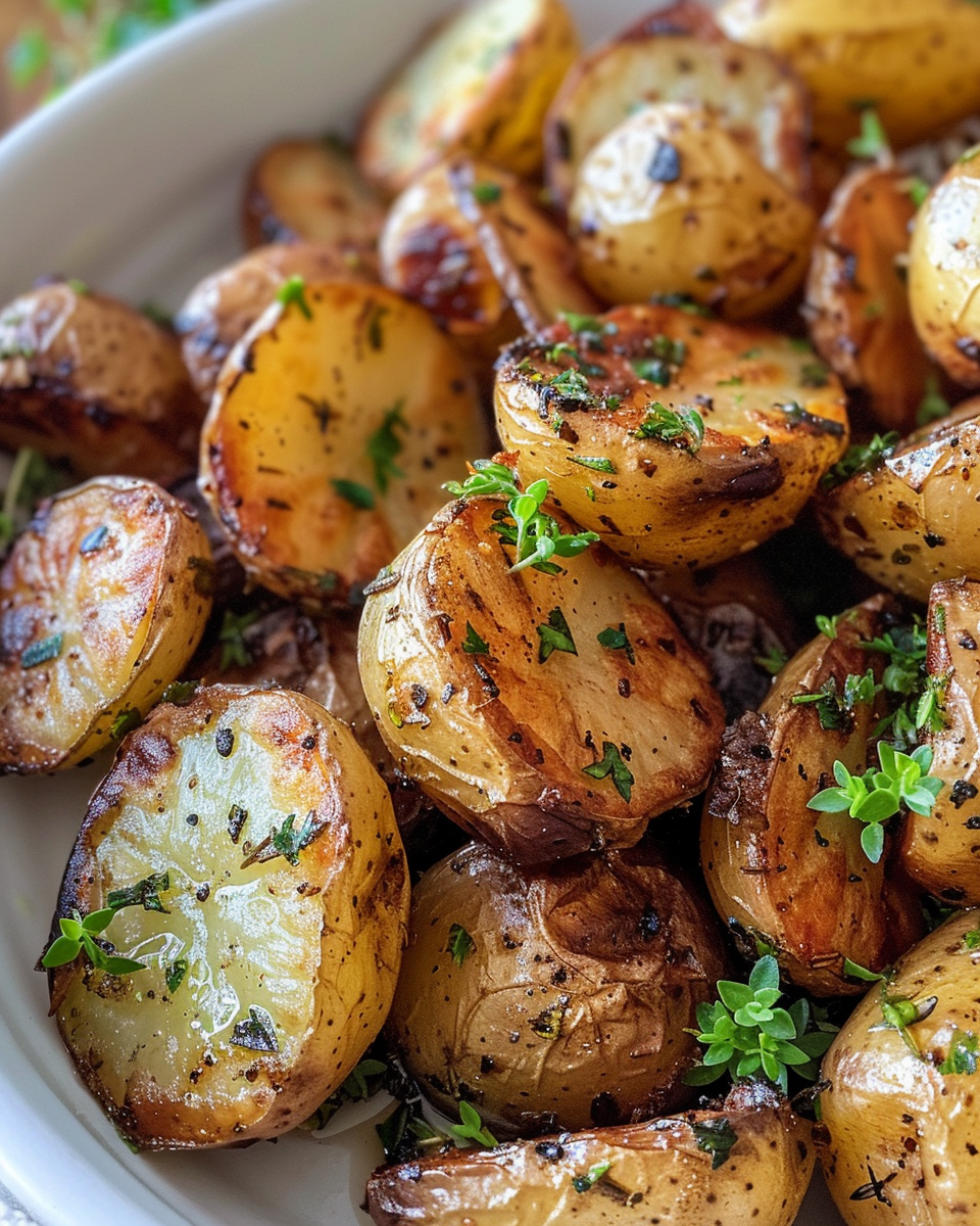Air fryer baby potatoes with oregano and thyme steaming hot inside cooker
