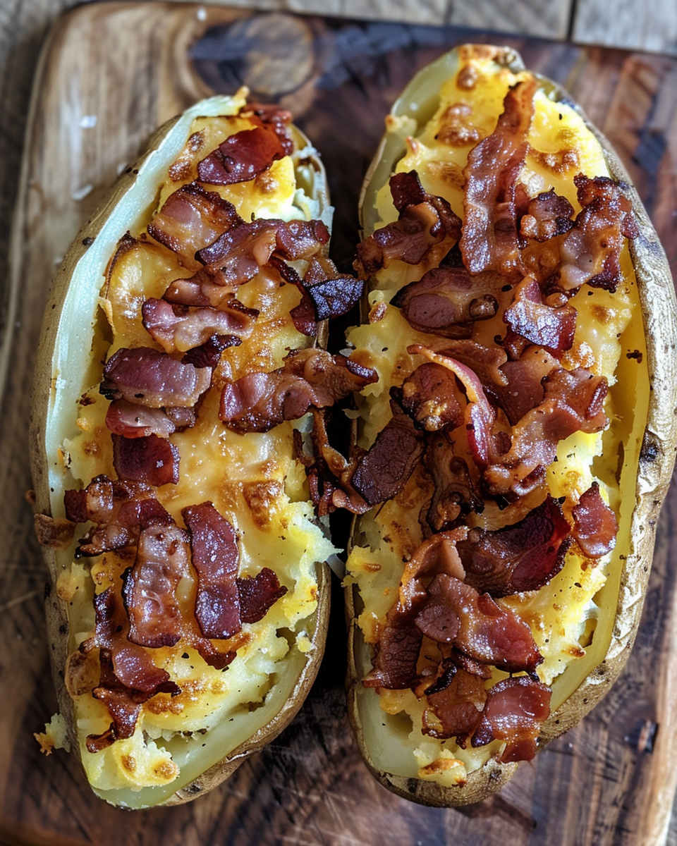Final plated air fryer baked potato with crispy bacon and sour cream toppings