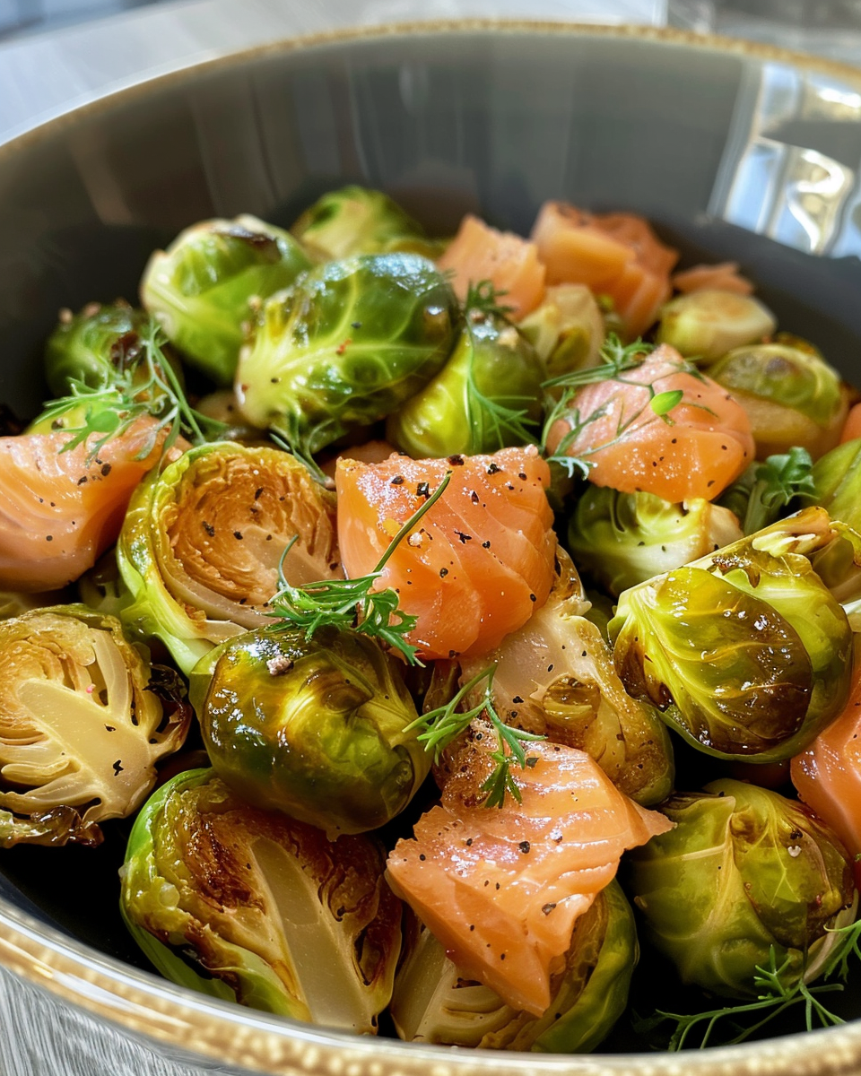 Final plated air fryer salmon with Brussels sprouts and maple glaze