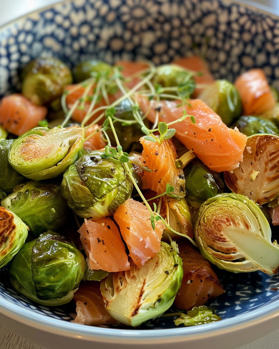 Air fryer Brussels sprouts with smoked salmon cooking in basket