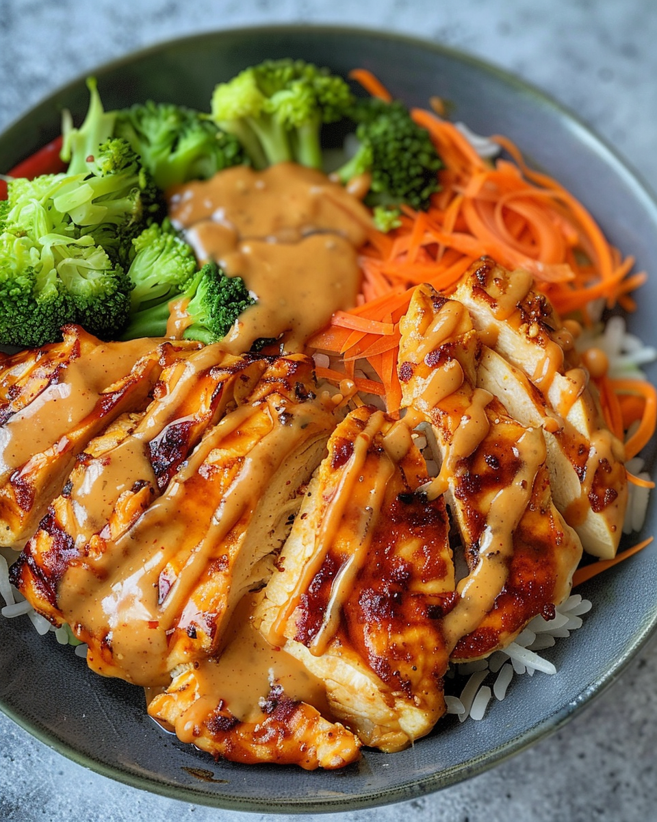 Serving of pressure-cooked chicken satay with peanut sauce and lime garnish