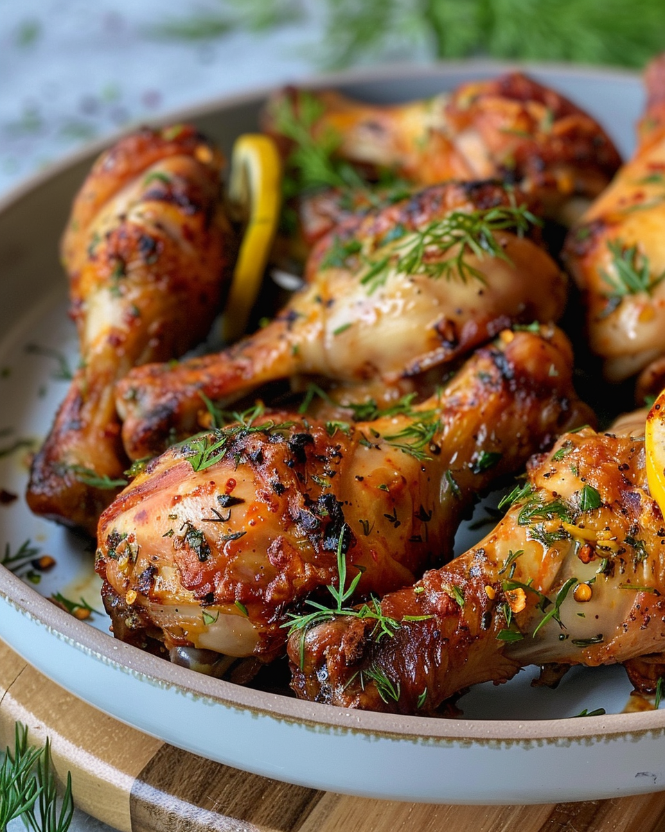 Close-up of air fryer drumsticks with dill and lemon zest fresh and crispy