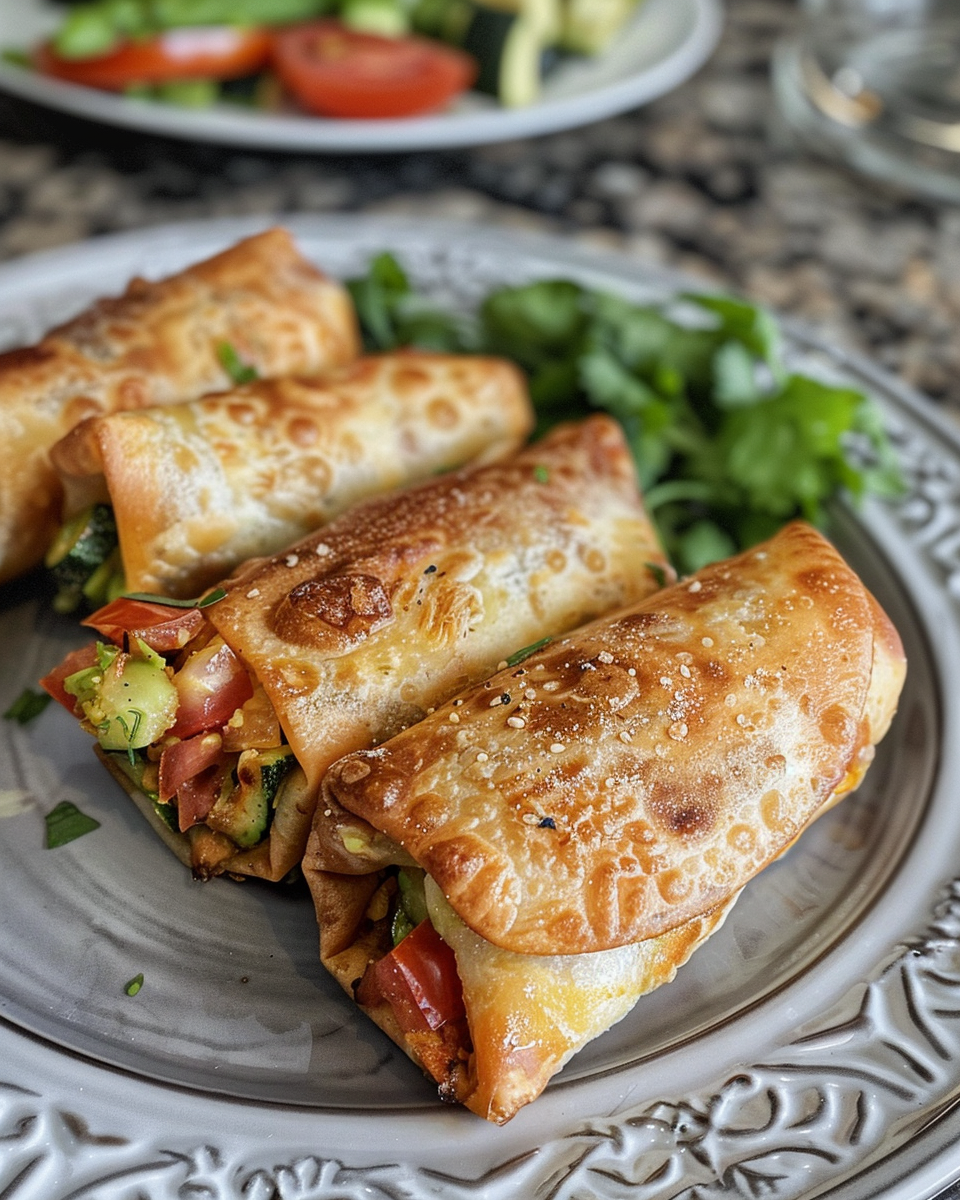Ingredients for air fryer egg rolls including chicken, zucchini, tomatoes, and cabbage
