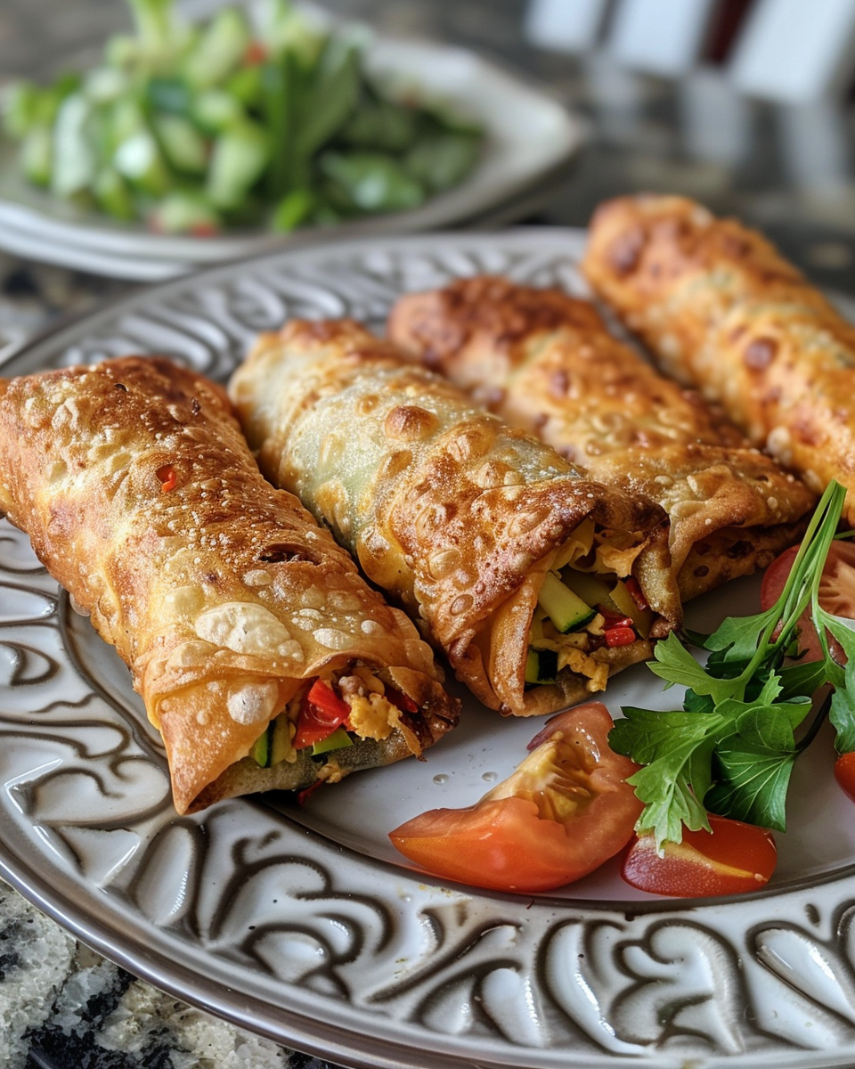 Close up of air fryer egg rolls filled with chicken and veggies cooking