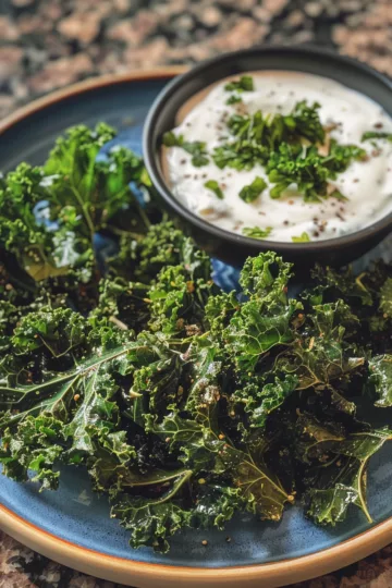 air fryer kale chips with Greek Yogurt Sauce taken with iphone 15 pro max --iw 2 --ar 4:5 --v 6.0 --raw
