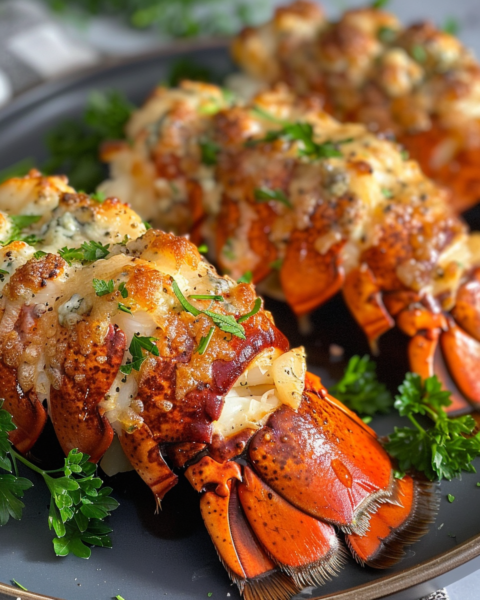Air fryer lobster tails cooking with garlic butter and lemon