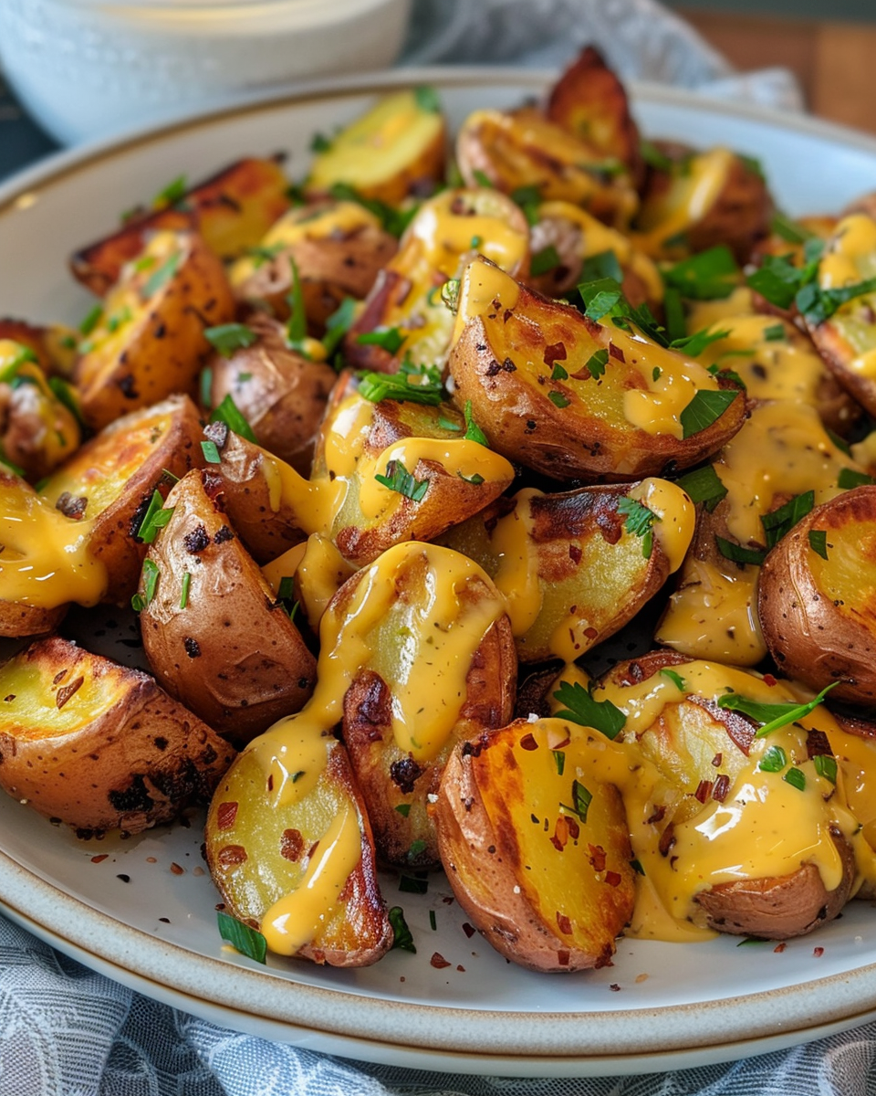 Ingredients including baby gold potatoes, mustard, olive oil, garlic, and fresh parsley