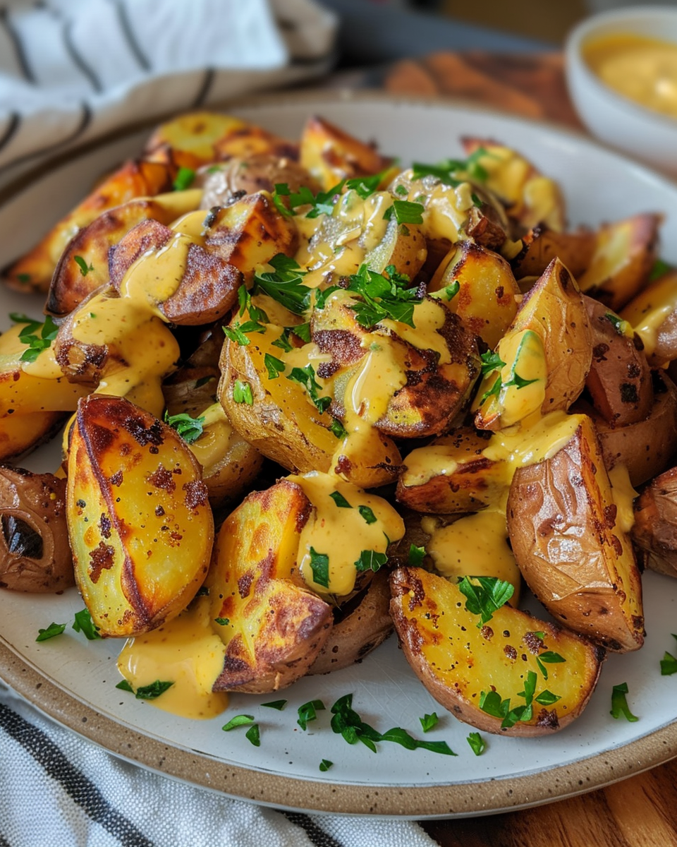 Baby gold potatoes coated with mustard and olive oil mix before air frying