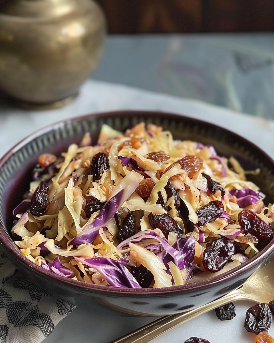 Pressure cooker filled with colorful cabbage and raisins mixture ready to cook