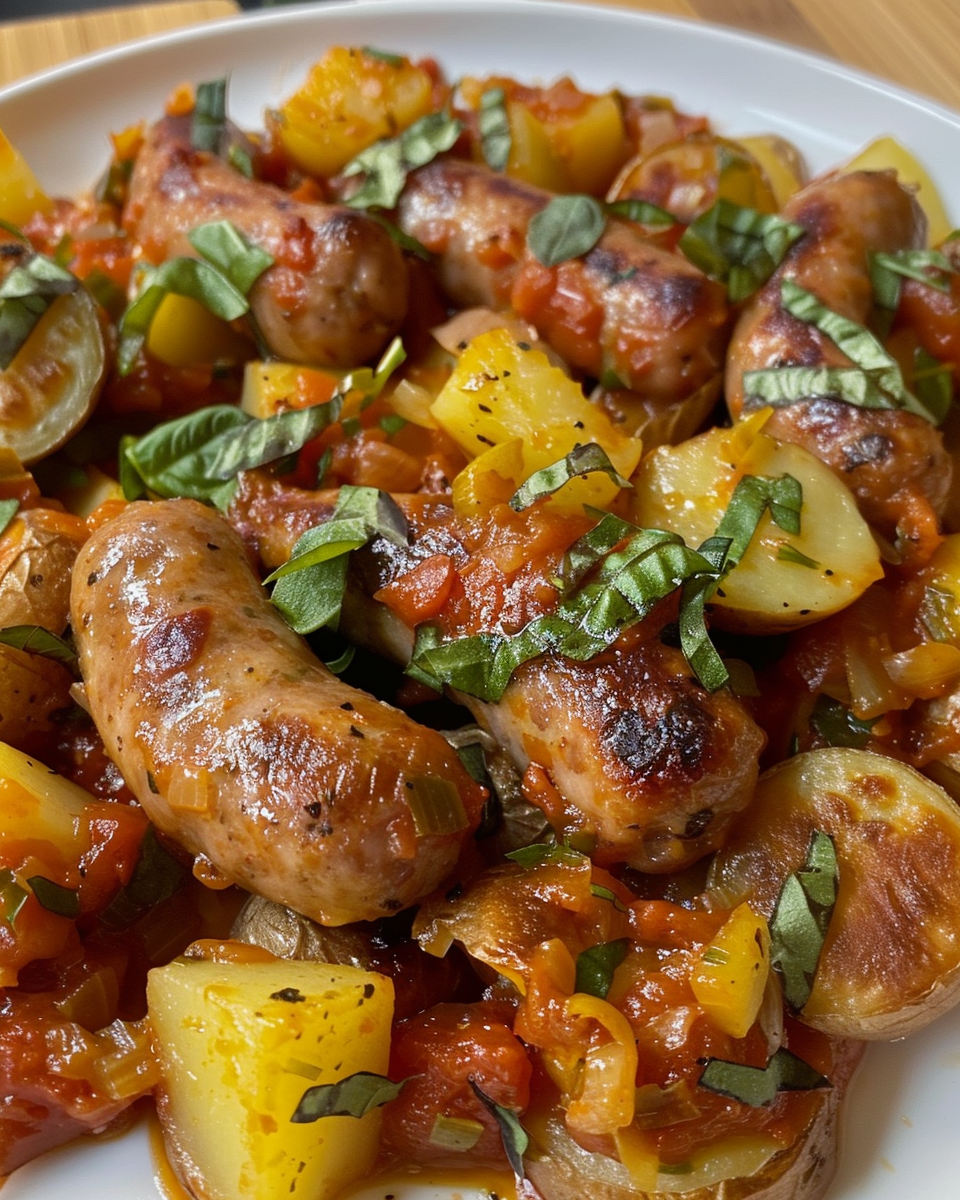 Finished shakshuka with sausage, peppers, eggs, and feta served in bowl