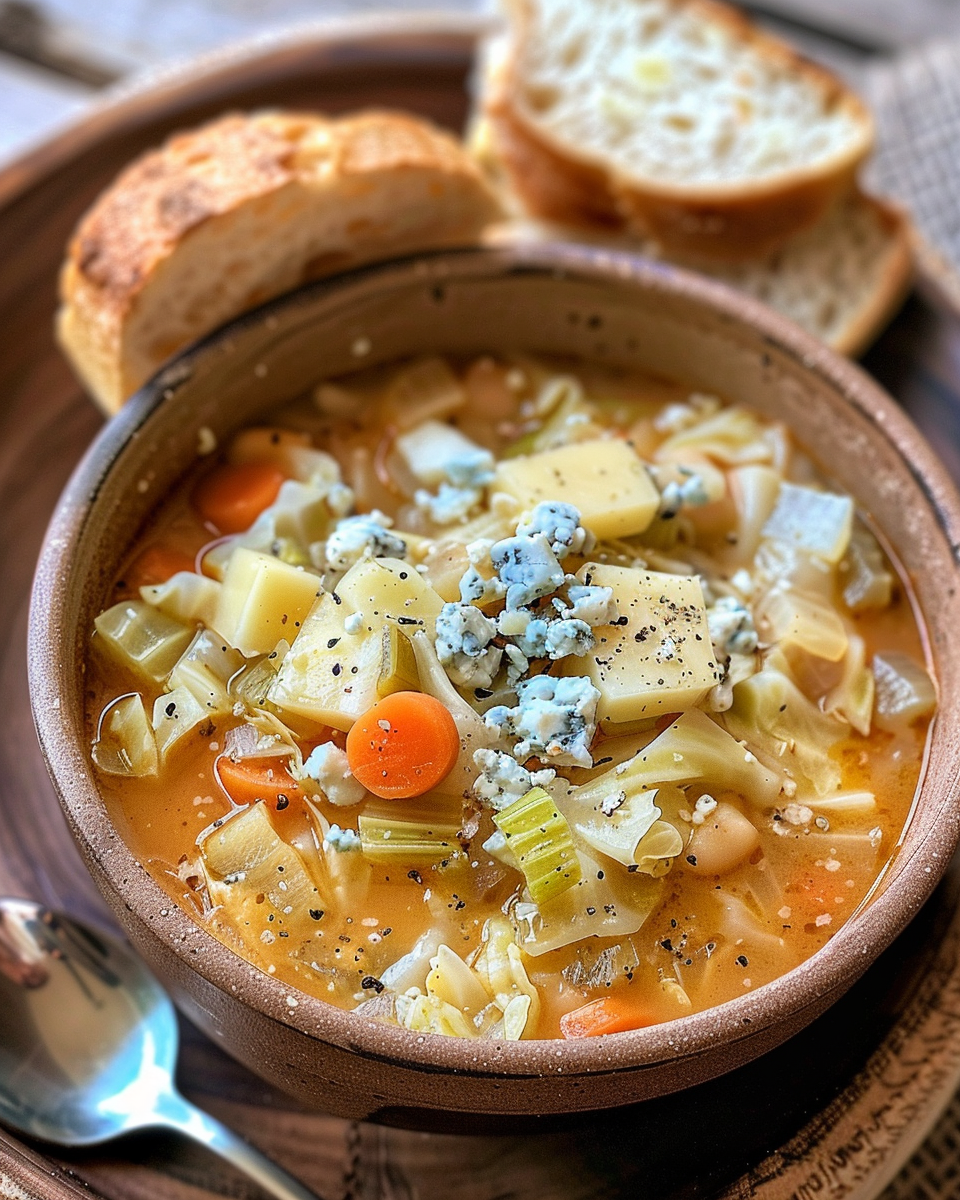 Bowl of creamy cabbage soup with blue cheese ready to serve
