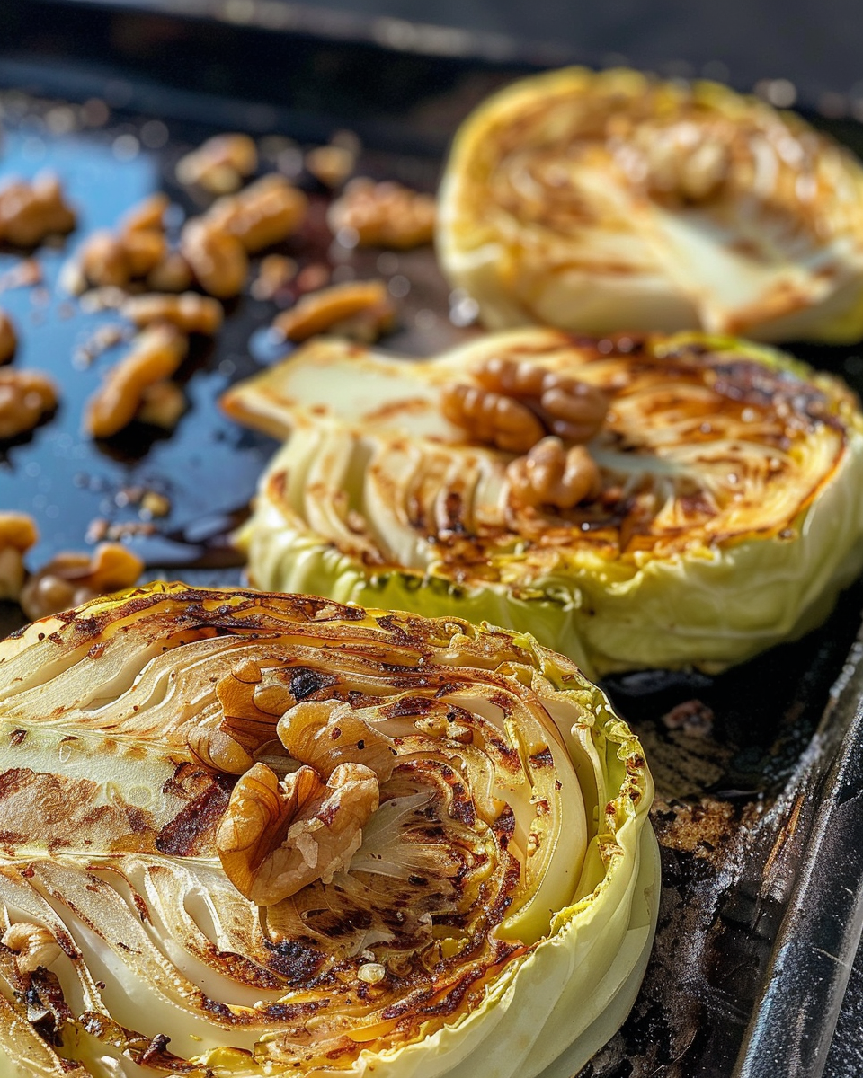 Final served cabbage steaks topped with green chermoula and toasted walnuts