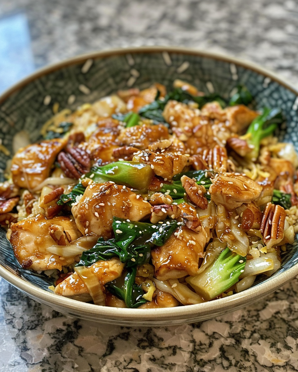 Delicious chicken cabbage stir fry with pecans and maple syrup in pressure cooker