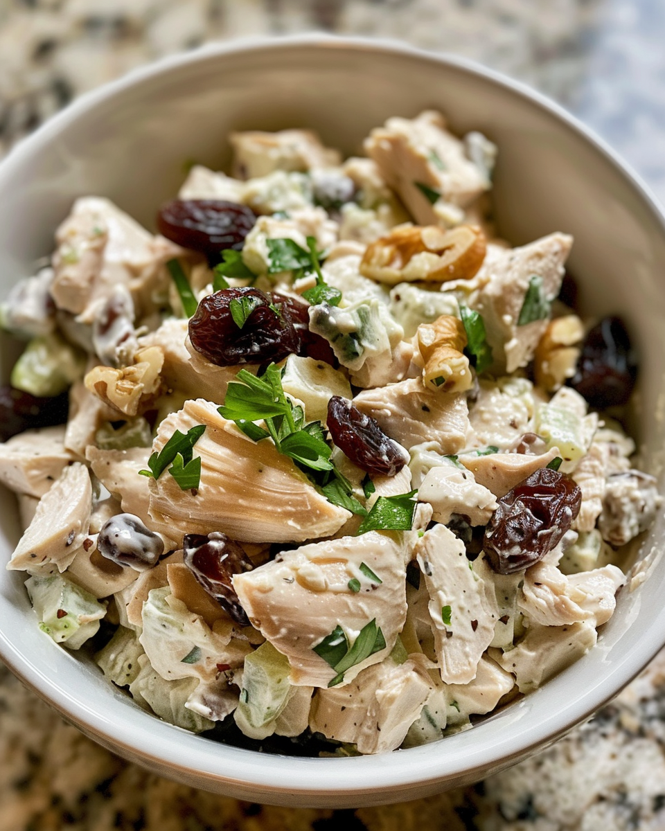 Final plated chicken salad with fresh herbs and grapes