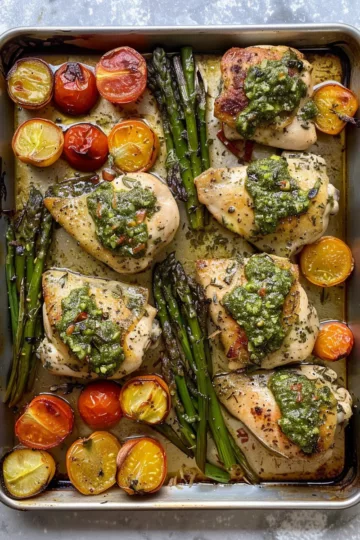 chicken sheet pan dinner with Pesto Drizzle taken with iphone 15 pro max --iw 2 --ar 4:5 --v 6.0 --raw