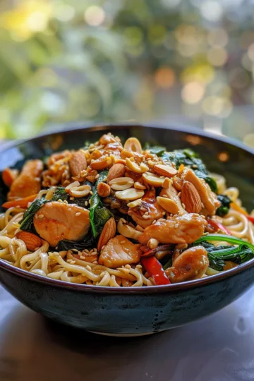 chicken stir fry with noodles with Almonds and Honey taken with iphone 15 pro max --iw 2 --ar 4:5 --v 6.0 --raw