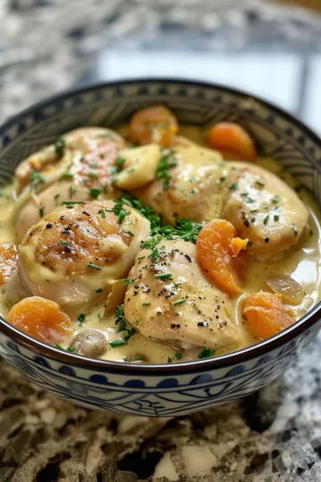 chicken with cream of chicken soup with Dried Apricots taken with iphone 15 pro max --iw 2 --ar 4:5 --v 6.0 --raw
