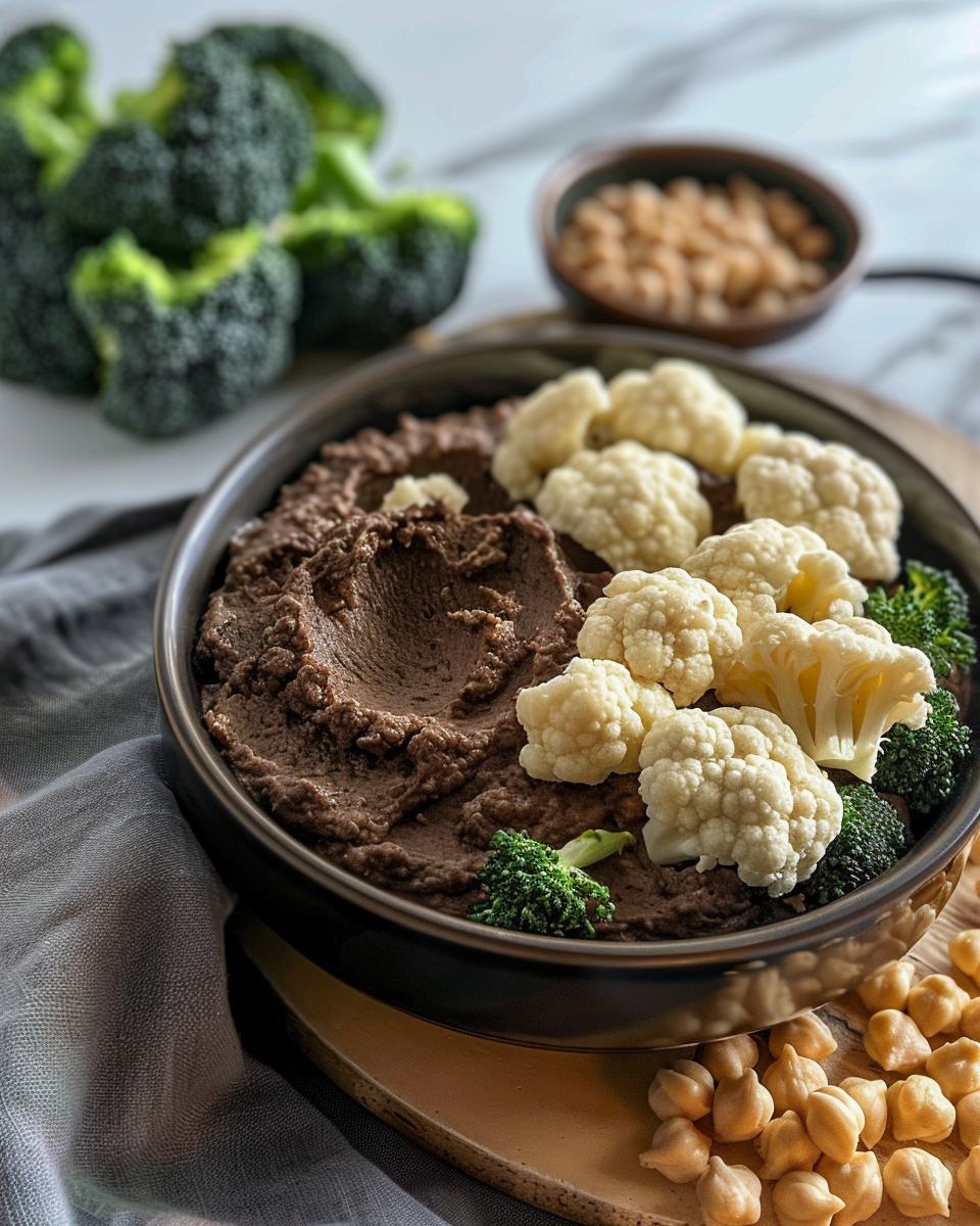 Ingredients for chocolate hummus and steamed broccoli and cauliflower