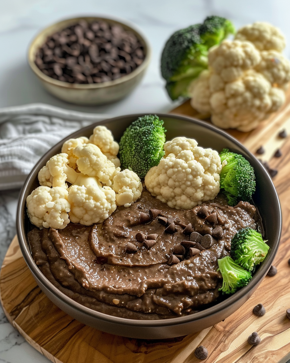 Finished chocolate hummus served with broccoli and cauliflower florets
