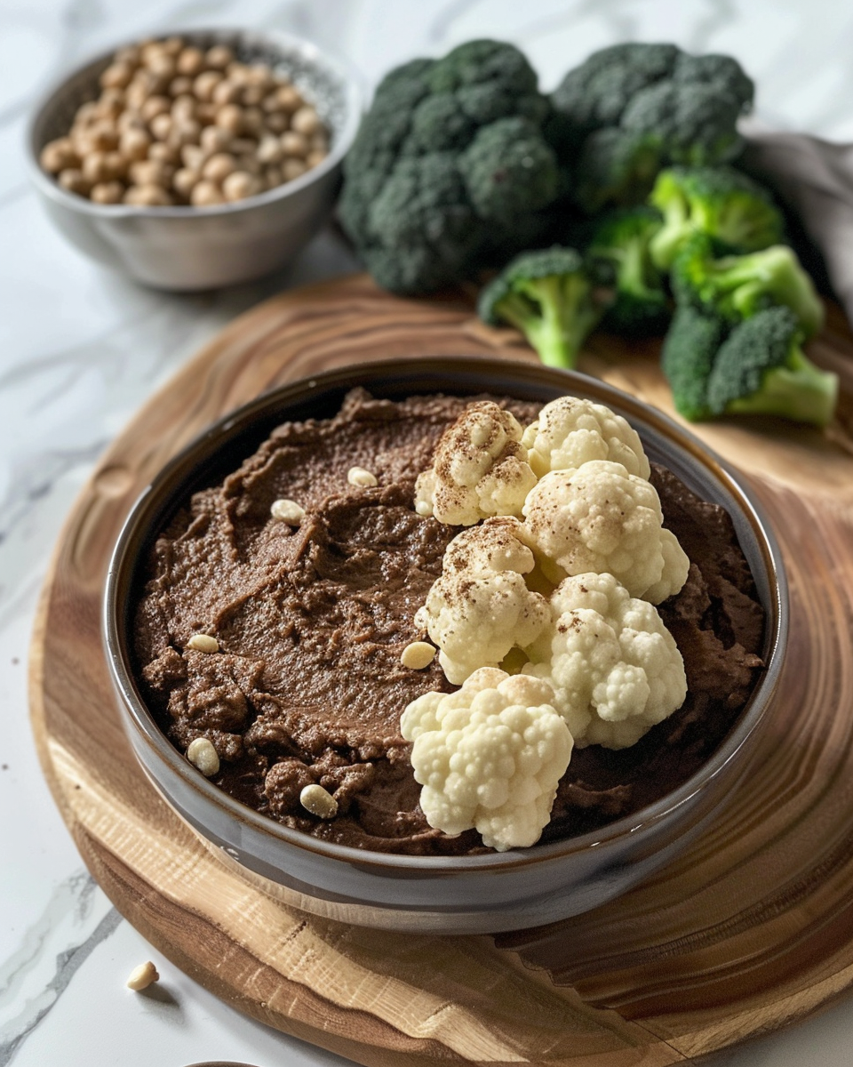 Chocolate hummus with broccoli and cauliflower dip illustration