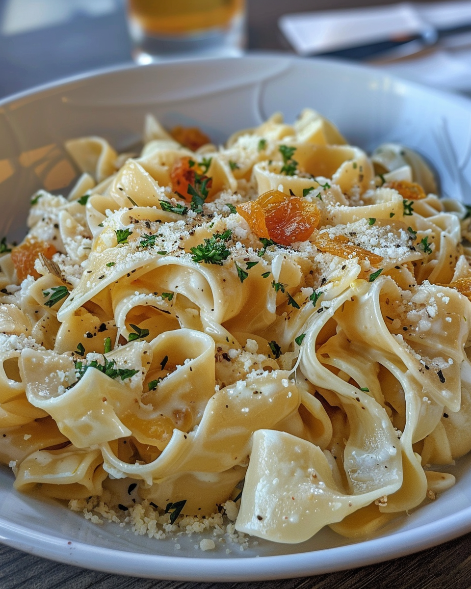 Creamy cottage cheese pasta with dried apricots cooking in pressure cooker