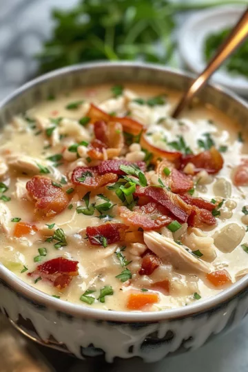 creamy chicken and rice soup with Crispy Bacon taken with iphone 15 pro max --iw 2 --ar 4:5 --v 6.0 --raw