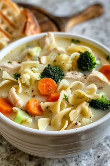 creamy chicken noodle soup with Broccoli and Cauliflower taken with iphone 15 pro max --iw 2 --ar 4:5 --v 6.0 --raw