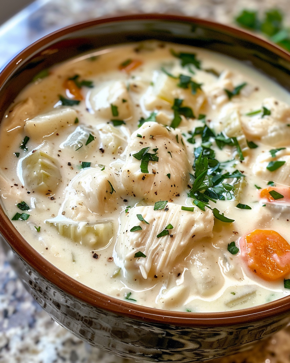 Final creamy chicken Alfredo soup served in bowl with broccoli
