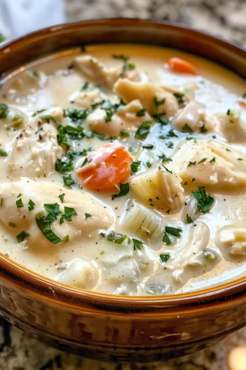 creamy chicken soup with Creamy Alfredo Sauce taken with iphone 15 pro max --iw 2 --ar 4:5 --v 6.0 --raw