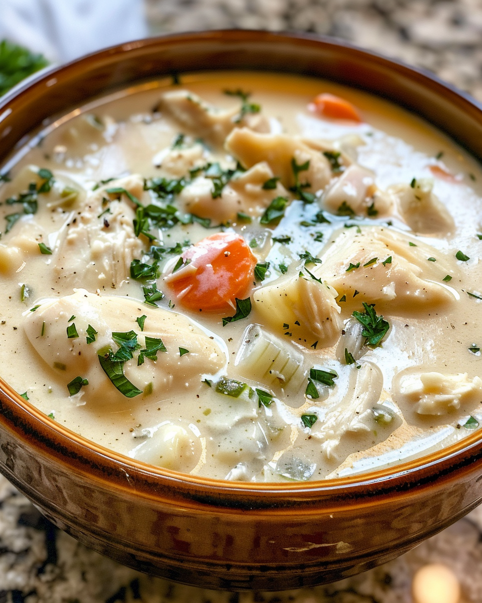 Creamy chicken soup cooking under pressure with sealed lid and steam