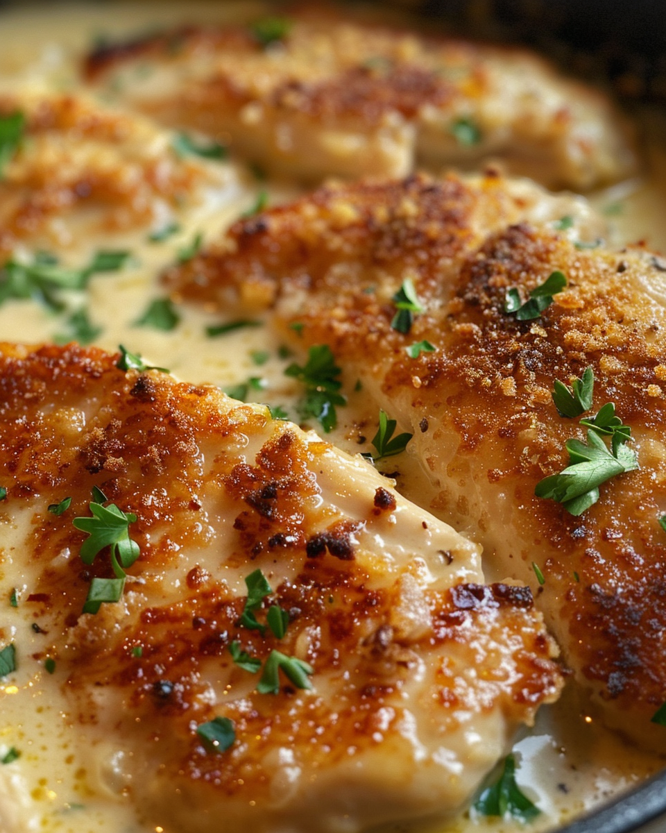 Creamy garlic parmesan chicken plated and garnished with parsley