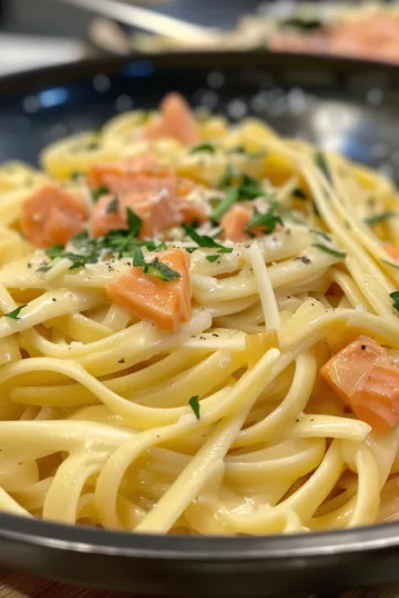 creamy garlic pasta with Smoked Salmon taken with iphone 15 pro max --iw 2 --ar 4:5 --v 6.0 --raw