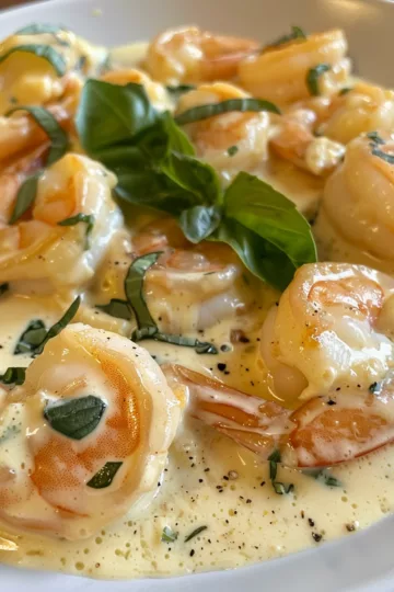creamy garlic shrimp with Fresh Basil taken with iphone 15 pro max --iw 2 --ar 4:5 --v 6.0 --raw