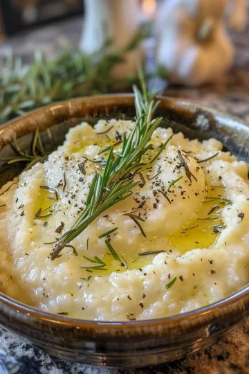 creamy grits with Garlic and Rosemary taken with iphone 15 pro max --iw 2 --ar 4:5 --v 6.0 --raw