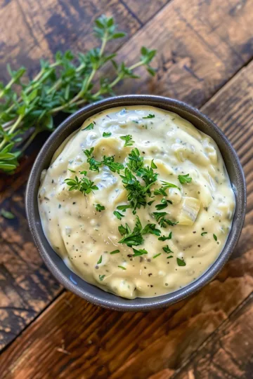 creamy horseradish sauce with Oregano and Thyme taken with iphone 15 pro max --iw 2 --ar 4:5 --v 6.0 --raw