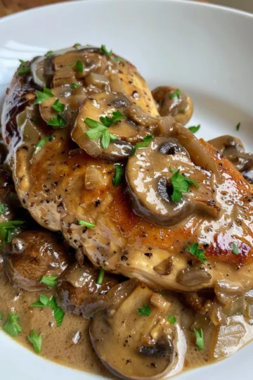 creamy mushroom chicken with Caramelized Onions taken with iphone 15 pro max --iw 2 --ar 4:5 --v 6.0 --raw