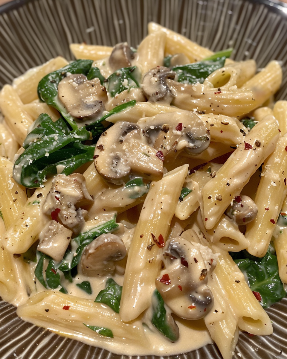 Ingredients for creamy mushroom pasta with spinach including olive oil, butter, spinach, and Parmesan