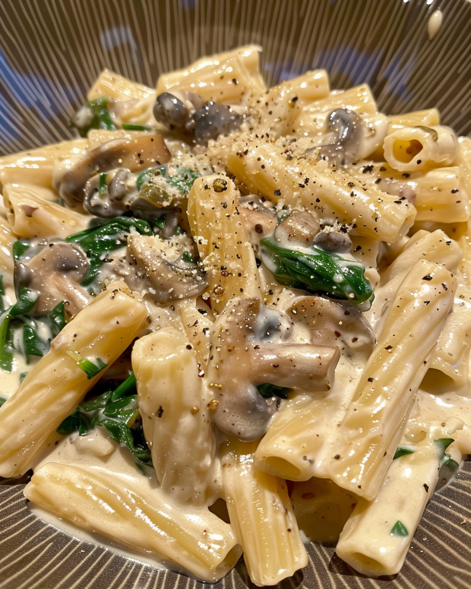 Final creamy mushroom pasta with spinach and Parmesan served on plate