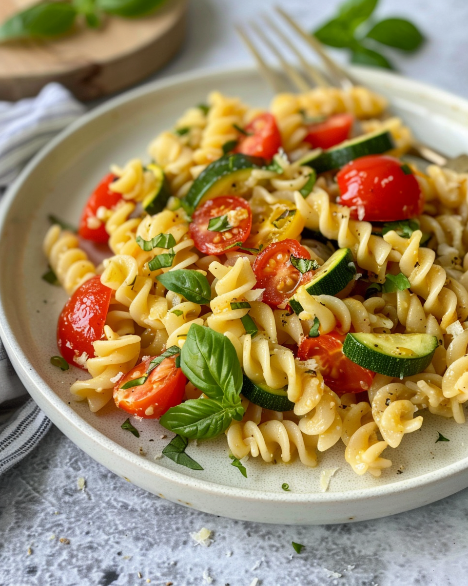 Ingredients including fettuccine, zucchini, cherry tomatoes, and corn kernels