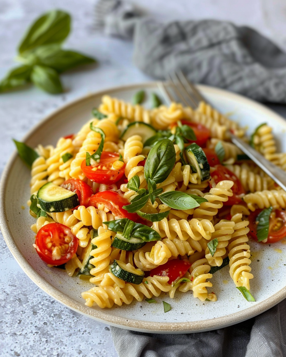 Final creamy pasta with zucchini, tomatoes, corn served warm in bowl
