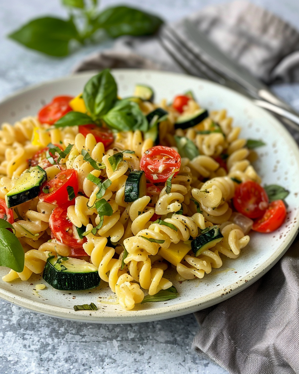 Creamy pasta with zucchini and tomatoes cooking in pressure cooker with right broth depth