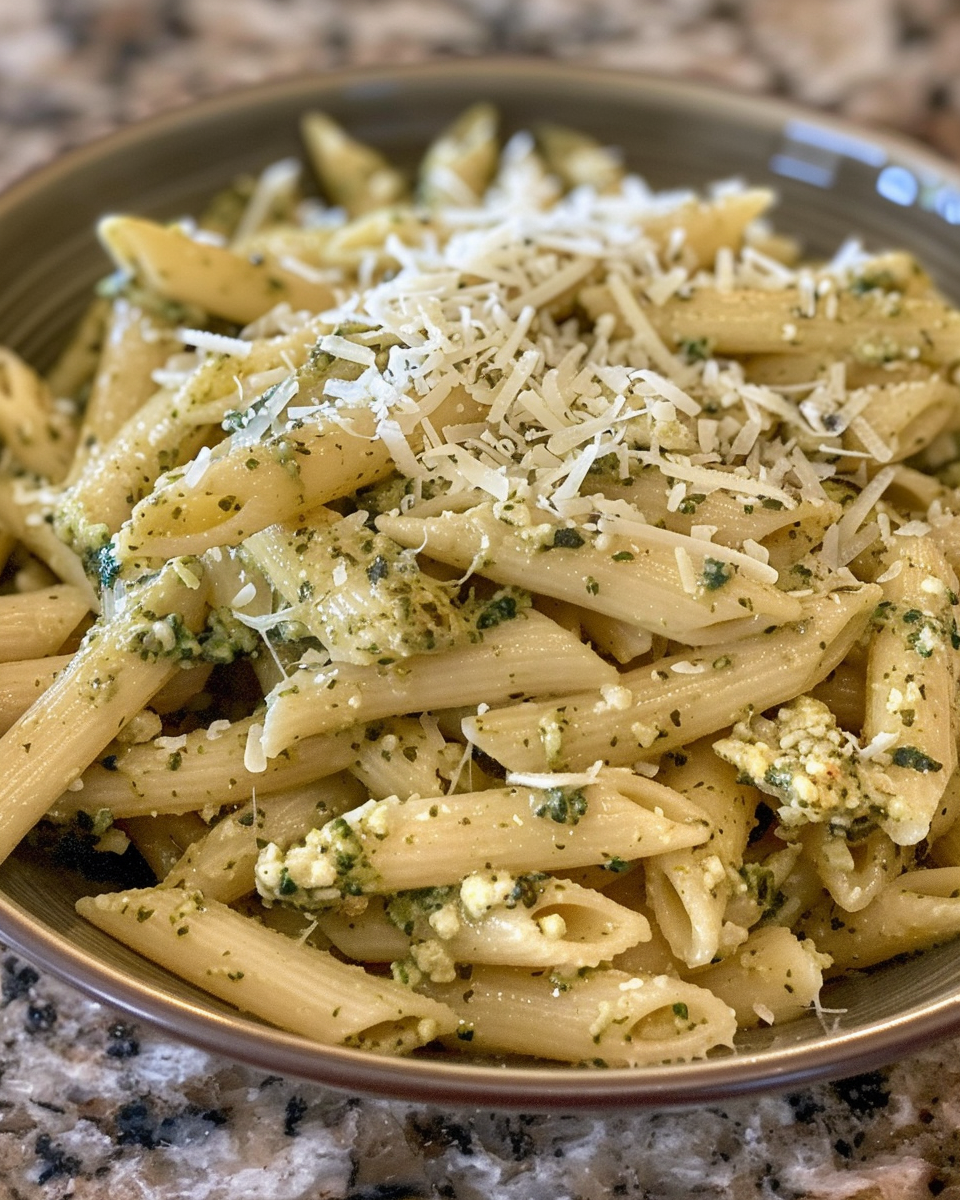 Ingredients for creamy pesto pasta including garlic, cream, parmesan, and basil pesto