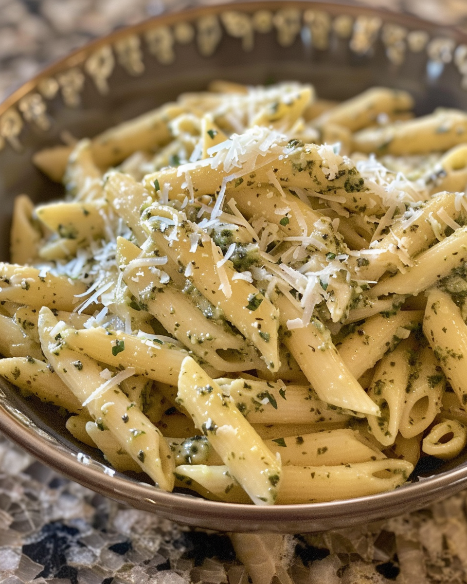 Creamy pesto pasta simmering in pressure cooker with garlic and basil