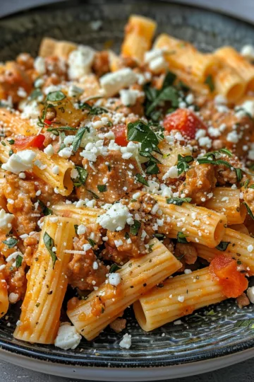 creamy sausage pasta with Feta Cheese Crumble taken with iphone 15 pro max --iw 2 --ar 4:5 --v 6.0 --raw
